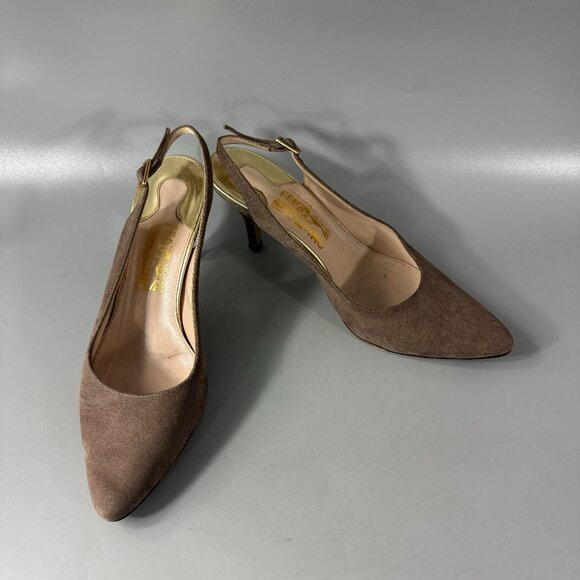 Authentic Salvatore Ferragamo Gray Textile Slingback Heels, Size 7B - Picture 1 of 15